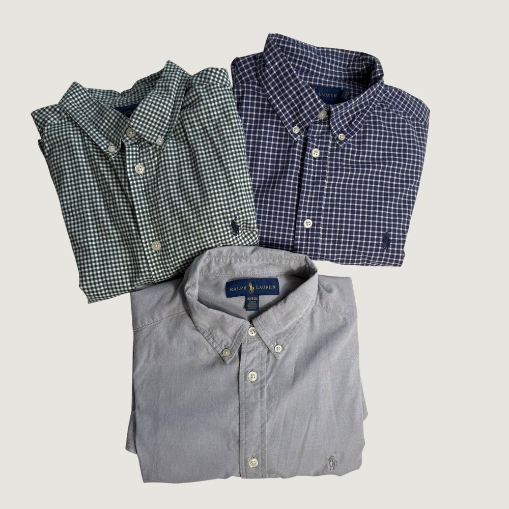 3 Ralph Lauren Boys XL 18-20 Button Down Shirt Bundle Gingham Grey Bundle EUC
